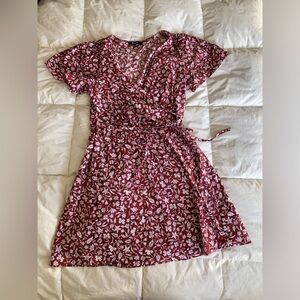 Madewell Burgundy Floral Mini Wrap Short Sleeve Dress